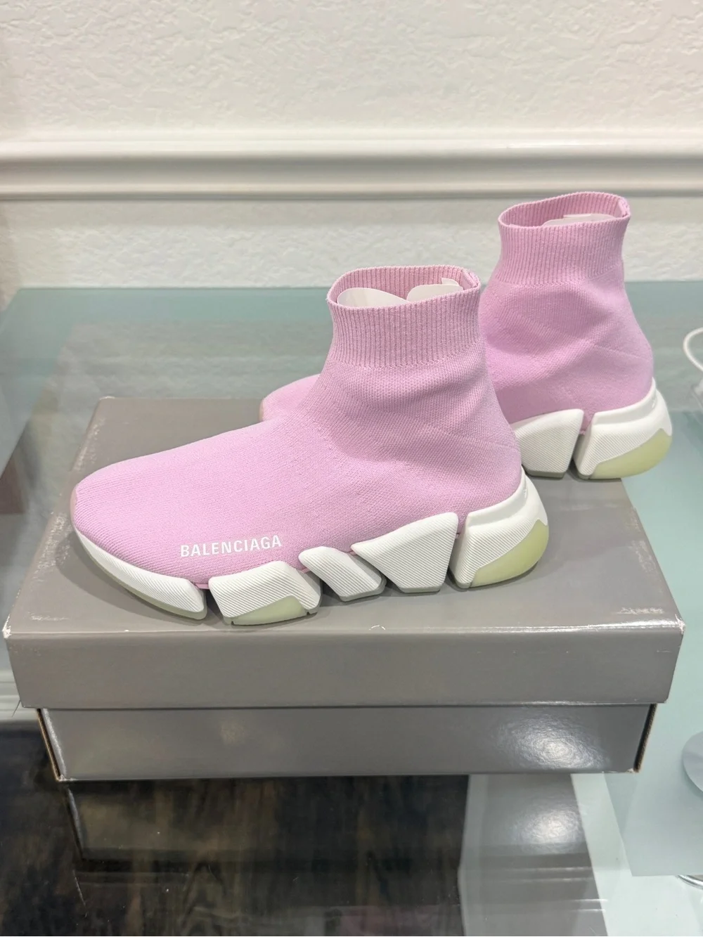 Balenciaga Pink Sock-Style Runner Sneakers with White Accents